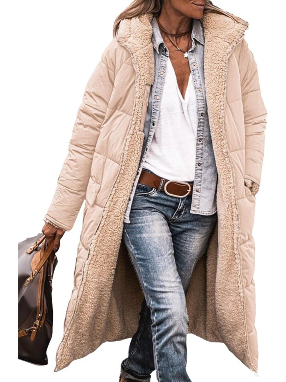 Women's Beige Winter Fleece Warm Long Coats Sherpa Faux Fur Hooded Neck Coats